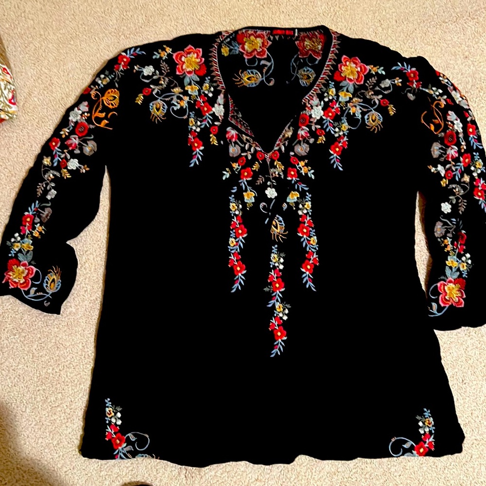 Johnny Was Black Tunic with Multicolor Floral Embroidery